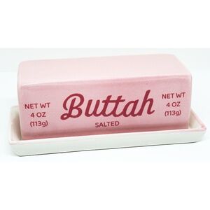 NWOT "Buttah" hand painted pink ceramic butter dish